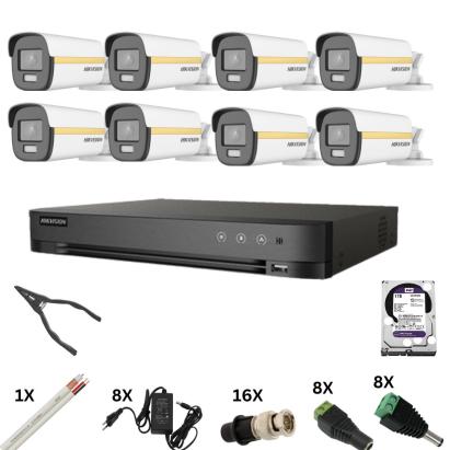 Kit de supraveghere Hikvision cu 8 camere Poc, ColorVu 8 Megapixeli, Lumina Color 40m, DVR 8 canale 8 Megapixeli, Hard, Accesorii SafetyGuard Surveillance