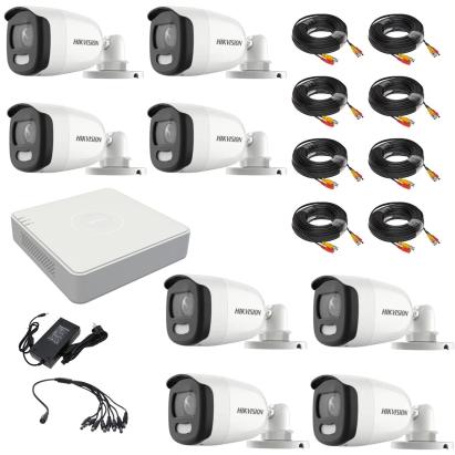 Kit supraveghere video Hikvision 8 camere ColorVU 2MP, lumina alba 20m, DVR 8 canale 4 MP lite, accesorii SafetyGuard Surveillance
