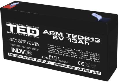 Acumulator AGM VRLA 6V 13A dimensiuni 151mm x 50mm x h 95mm F1 TED Battery Expert Holland TED003010 (10) SafetyGuard Surveillance