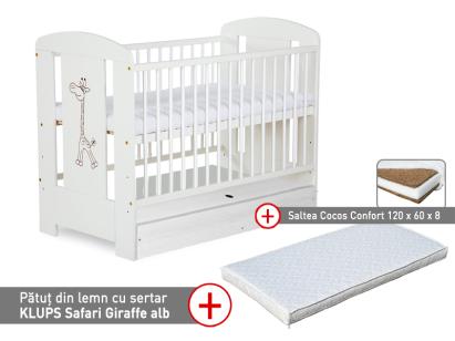 Patut cu sertar KLUPS Safari Giraffe Alb + Saltea 8 Confort II GreatGoods Plaything