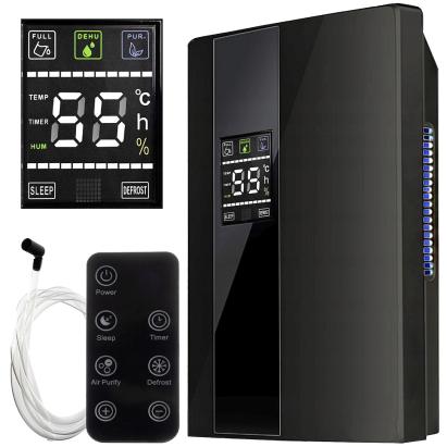 Dezumidificator si Purificator de Aer 2-in-1, Afisaj Temperatura/Umiditate, Randament 650ml/zi, Putere 90W, Anti-Mucegai, Telecomanda, Negru