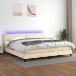 Pat cu arcuri, saltea și LED, crem, 200x200 cm, textil GartenMobel Dekor