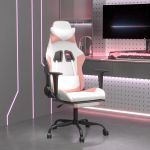 Scaun de gaming cu suport picioare, alb/roz, piele ecologică GartenMobel Dekor