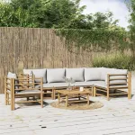 Set mobilier de grădină cu perne gri deschis, 7 piese, bambus GartenMobel Dekor