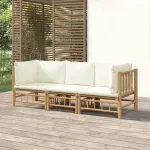 Set mobilier de grădină, cu perne alb crem, 3 piese, bambus GartenMobel Dekor