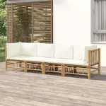 Set mobilier de grădină, cu perne alb crem, 4 piese, bambus GartenMobel Dekor