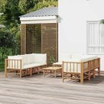 Set mobilier de grădină, cu perne alb crem, 9 piese, bambus GartenMobel Dekor