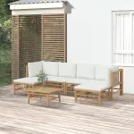 Set mobilier de grădină cu perne alb crem, 7 piese, bambus GartenMobel Dekor