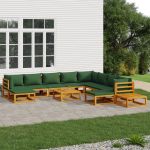 Set mobilier de grădină cu perne verzi, 12 piese, lemn masiv GartenMobel Dekor