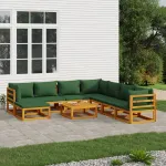 Set mobilier de grădină cu perne verzi, 9 piese, lemn masiv GartenMobel Dekor