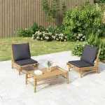Set mobilier de grădină, perne gri închis, 3 piese, bambus GartenMobel Dekor