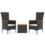 Set șezlonguri grădină, 3 piese, negru, poliratan&lemn acacia GartenMobel Dekor