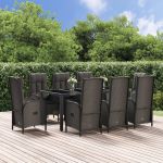 Set mobilier de grădină cu perne, 9 piese, negru/gri, poliratan GartenMobel Dekor