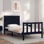 Cadru de pat cu tăblie Small Single, negru, lemn masiv GartenMobel Dekor