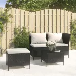 Set mobilier de grădină cu perne, 3 piese, negru, poliratan GartenMobel Dekor