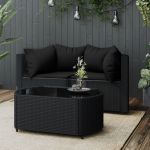 Set mobilier de grădină cu perne, 3 piese, negru, poliratan GartenMobel Dekor