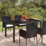 Masă grădină cu blat din sticlă, negru, 150x90x75 cm, poliratan GartenMobel Dekor