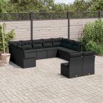 Set canapele de grădină cu perne, 11 piese, negru, poliratan GartenMobel Dekor