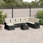 Set mobilier de grădină cu perne, 9 piese, negru, poliratan GartenMobel Dekor