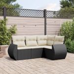 Set mobilier de grădină cu perne, 4 piese, negru, poliratan GartenMobel Dekor
