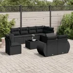 Set mobilier de grădină cu perne, 9 piese, negru, poliratan GartenMobel Dekor