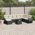 Set mobilier de grădină cu perne, 9 piese, negru, poliratan GartenMobel Dekor