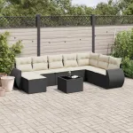 Set mobilier de grădină cu perne, 9 piese, negru, poliratan GartenMobel Dekor