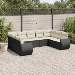 Set mobilier de grădină cu perne, 9 piese, negru, poliratan GartenMobel Dekor
