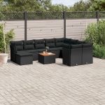 Set canapele de grădină cu perne, 11 piese, negru, poliratan GartenMobel Dekor