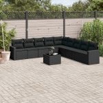 Set canapele de grădină cu perne, 10 piese, negru, poliratan GartenMobel Dekor