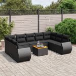 Set canapele de grădină cu perne, 10 piese, negru, poliratan GartenMobel Dekor
