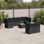 Set canapele de grădină cu perne, 10 piese, negru, poliratan GartenMobel Dekor