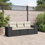 Set mobilier de grădină cu perne, 3 piese, negru, poliratan GartenMobel Dekor