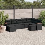 Set mobilier de grădină cu perne, 9 piese, negru, poliratan GartenMobel Dekor