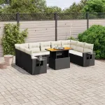 Set canapele de grădină cu perne, 10 piese, negru, poliratan GartenMobel Dekor