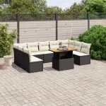 Set canapele de grădină cu perne, 10 piese, negru, poliratan GartenMobel Dekor