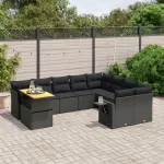 Set canapele de grădină cu perne, 10 piese, negru, poliratan GartenMobel Dekor