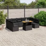 Set canapele de grădină cu perne, 10 piese, negru, poliratan GartenMobel Dekor