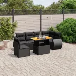 Set canapele de grădină cu perne, 7 piese, negru, poliratan GartenMobel Dekor