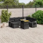 Set mobilier de grădină cu perne, 8 piese, negru, poliratan GartenMobel Dekor