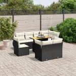 Set mobilier de grădină cu perne, 9 piese, negru, poliratan GartenMobel Dekor