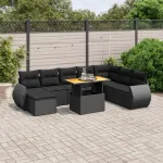 Set mobilier de grădină cu perne, 9 piese, negru, poliratan GartenMobel Dekor