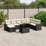 Set mobilier de grădină cu perne, 9 piese, negru, poliratan GartenMobel Dekor