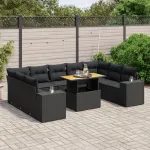 Set canapele de grădină cu perne, 10 piese, negru, poliratan GartenMobel Dekor