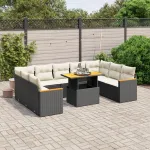 Set canapele de grădină cu perne, 10 piese, negru, poliratan GartenMobel Dekor