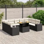 Set canapele de grădină cu perne, 10 piese, negru, poliratan GartenMobel Dekor