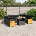 Set canapele de grădină cu perne, 10 piese, negru, poliratan GartenMobel Dekor