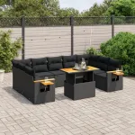 Set canapele de grădină cu perne, 10 piese, negru, poliratan GartenMobel Dekor