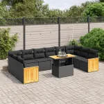 Set canapele de grădină cu perne, 11 piese, negru, poliratan GartenMobel Dekor