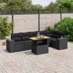 Set canapele de grădină cu perne, 7 piese, negru, poliratan GartenMobel Dekor